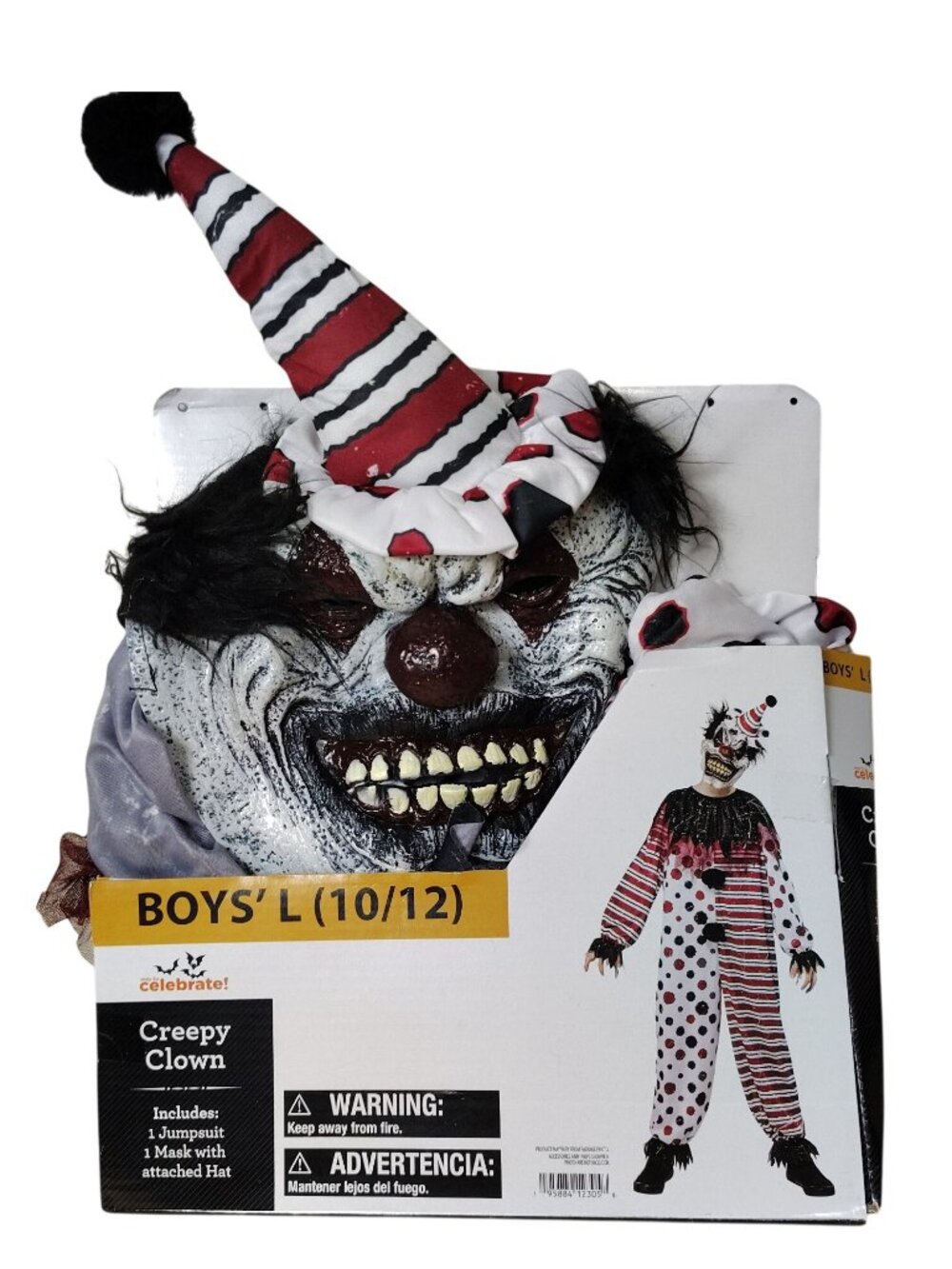 Creepy Clown Costume Boys Large 10 12 Scary Jumpsuit Mask Halloween Dress Up